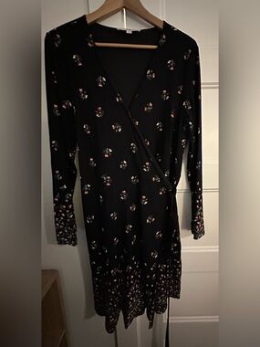 LOFT Black Floral Wrap Dress with Multicolor Accents